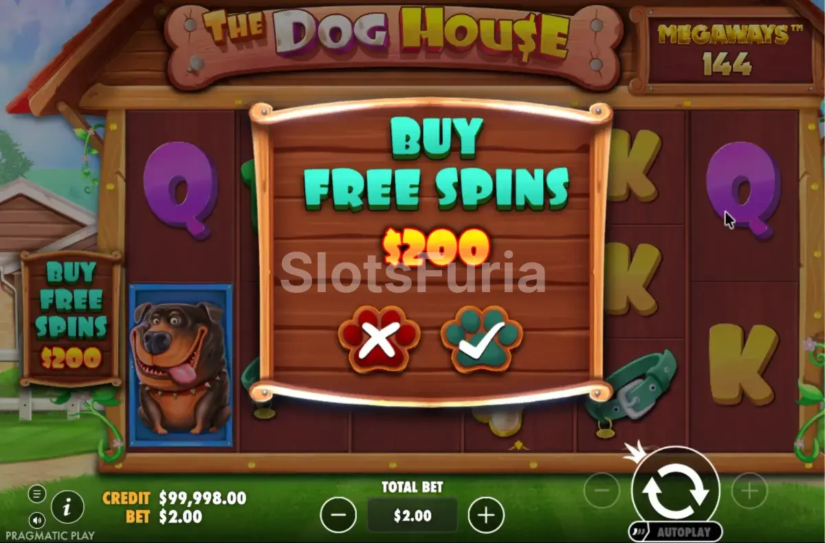 Menú de compra de bonos en The Dog House Megaways con opciones disponibles