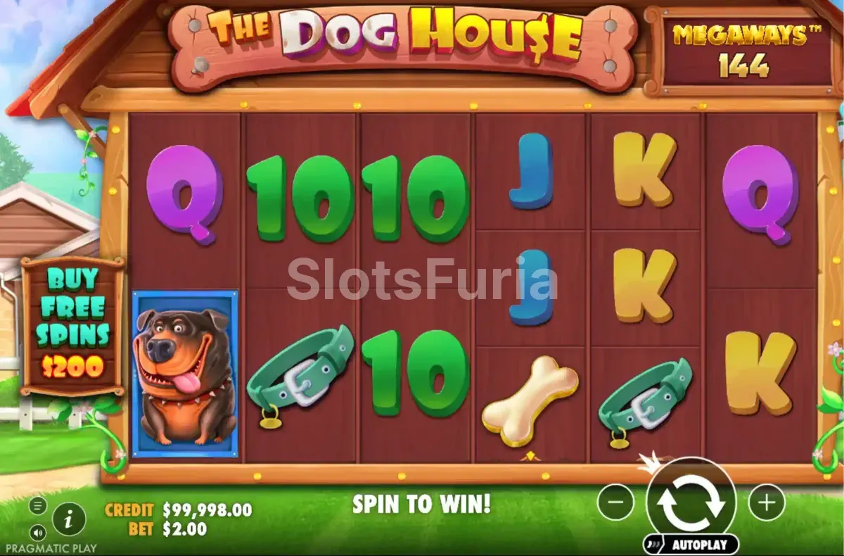 Pantalla principal del juego The Dog House Megaways con sus 6 carretes activos