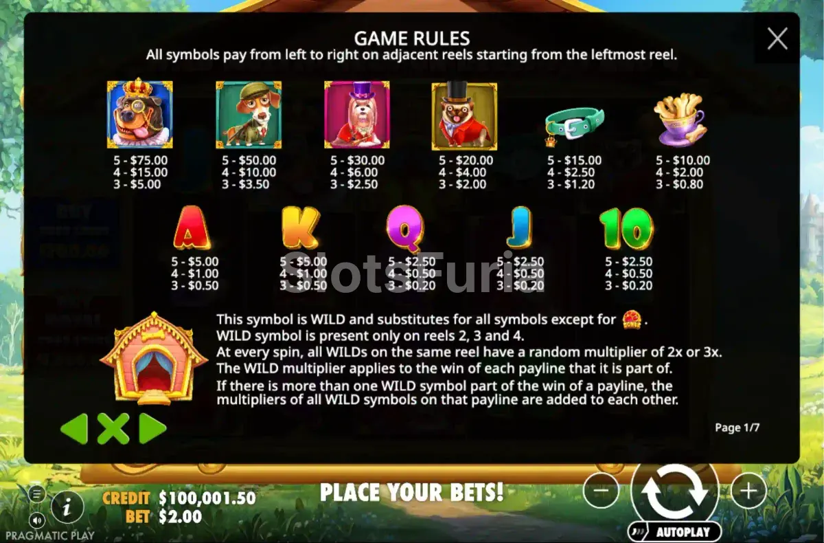 Tabla de pagos de The Dog House Royal Hunt con todos los símbolos y multiplicadores