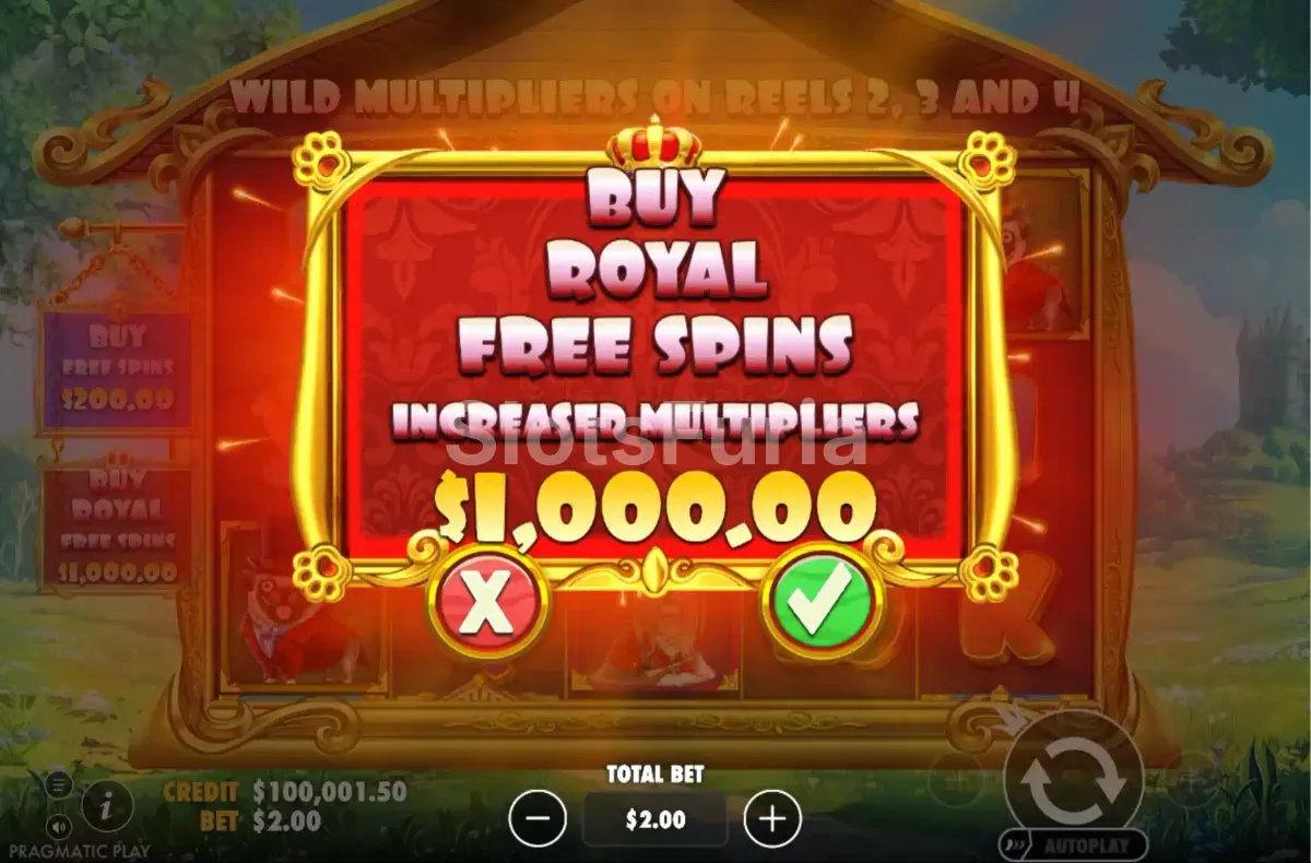 Menú de compra de bonus en The Dog House Royal Hunt de Pragmatic Play