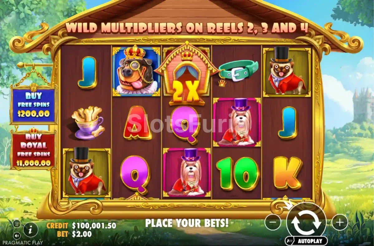Juego base de The Dog House Royal Hunt con los carretes en acción
