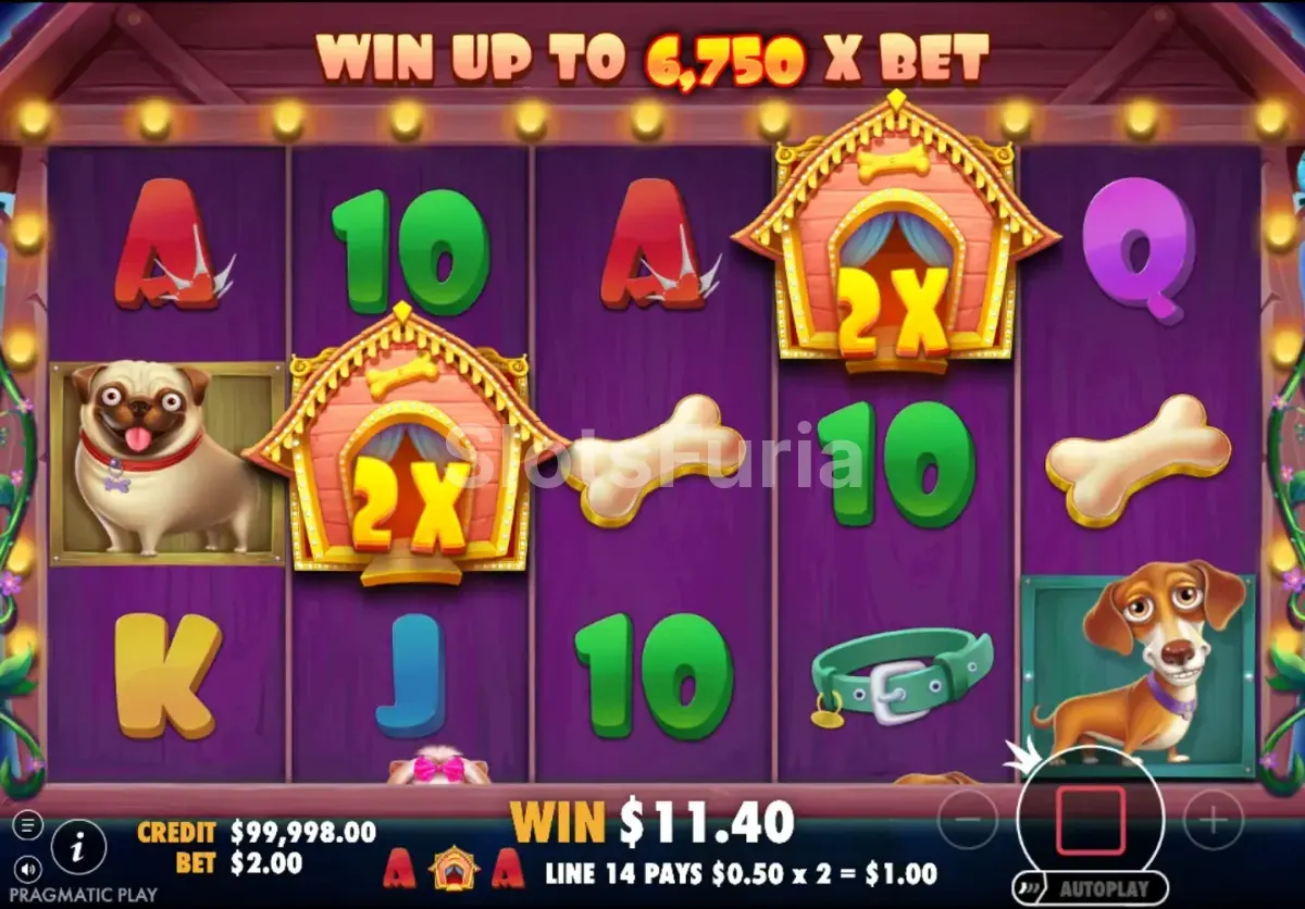 Ronda de giros gratis de The Dog House con wilds pegados en los rodillos centrales