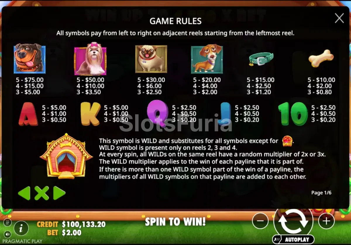 Tabla de pagos de The Dog House con los valores de cada símbolo