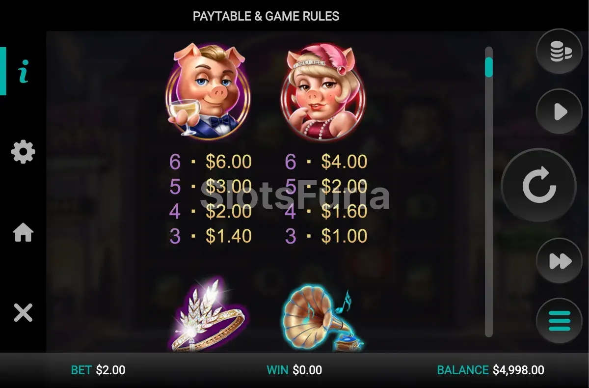 Tabla de pagos de The Great Pigsby Megapays con los símbolos y sus valores