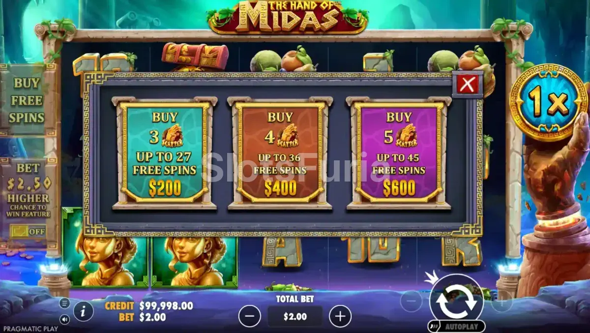 Pantalla de compra de bonus en The Hand of Midas