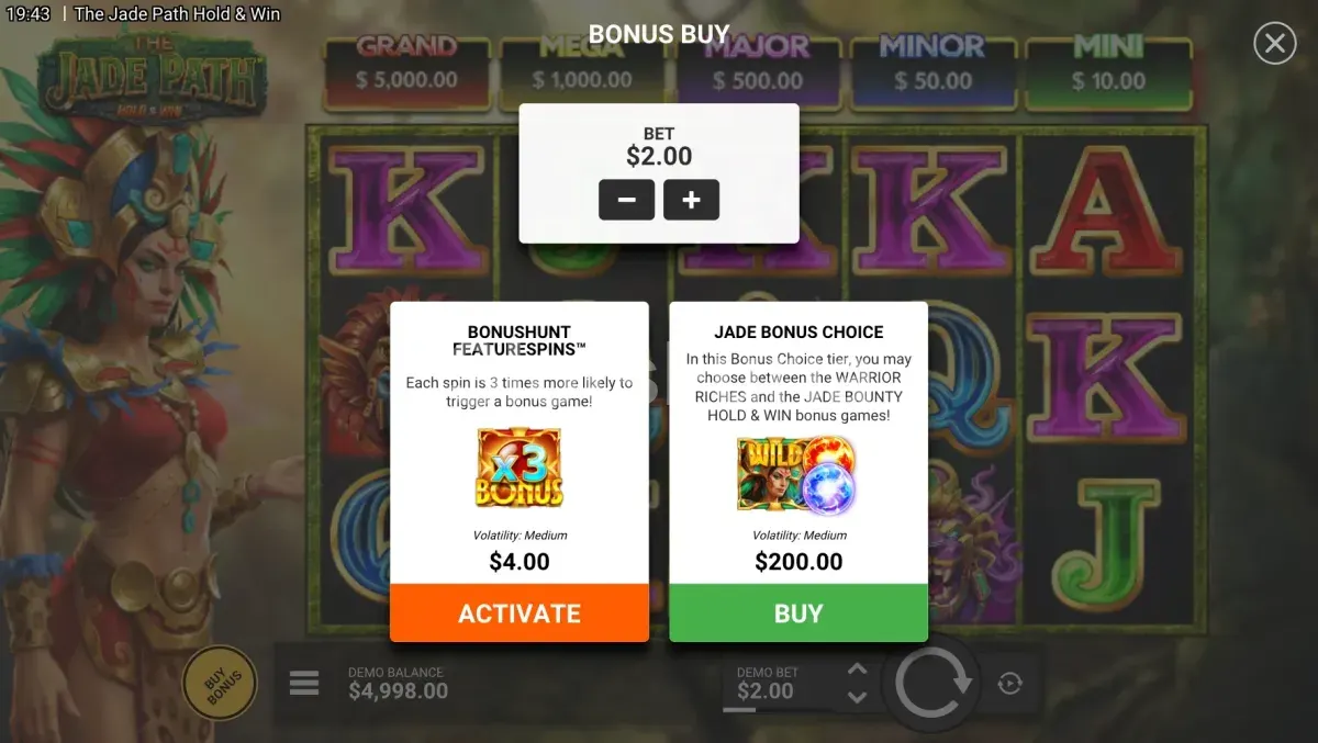 Pantalla de compra de bono en The Jade Path Hold & Win
