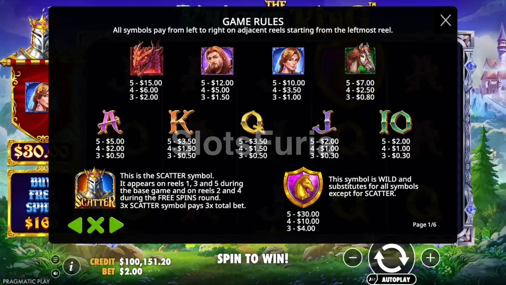 Tabla de pagos detallada de The Knight King de Pragmatic Play