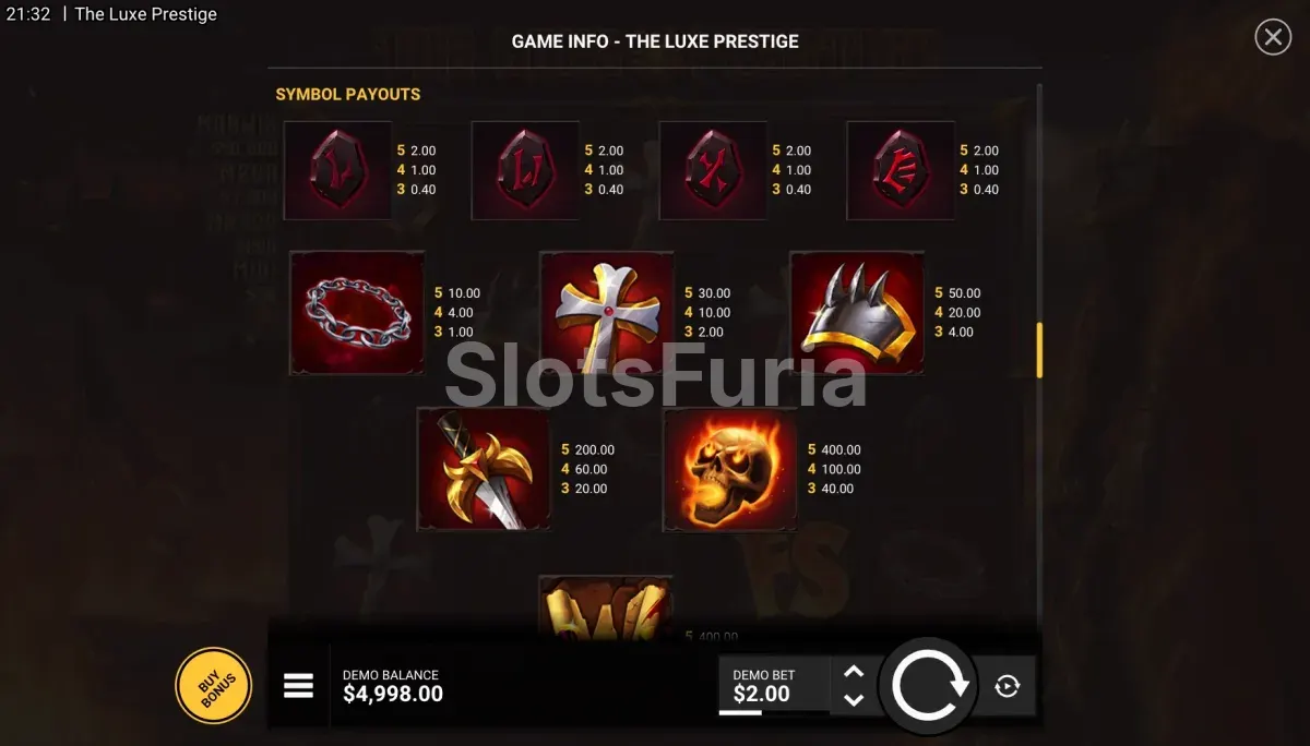 Tabla de pagos de The Luxe Prestige con los valores de los símbolos