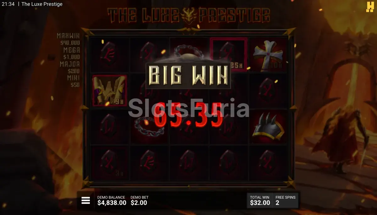 Pantalla de ganancia grande en The Luxe Prestige con multiplicadores acumulados