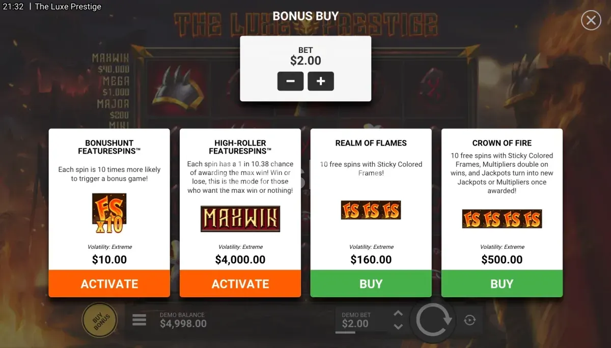 Menú de compra de bonos de The Luxe Prestige con los modos disponibles