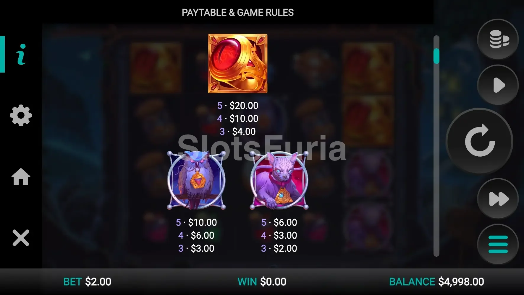 Tabla de pagos de los símbolos en The Sorcerers Shuffle