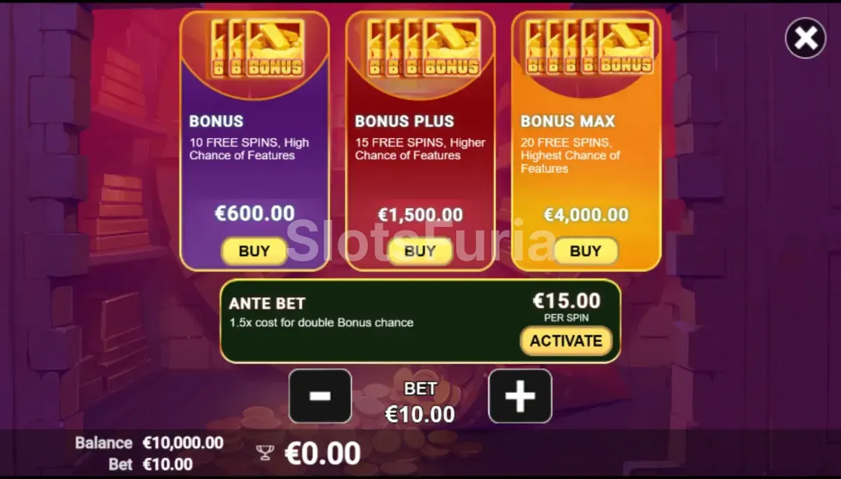 Pantalla de compra de bonus en The Vault Chase