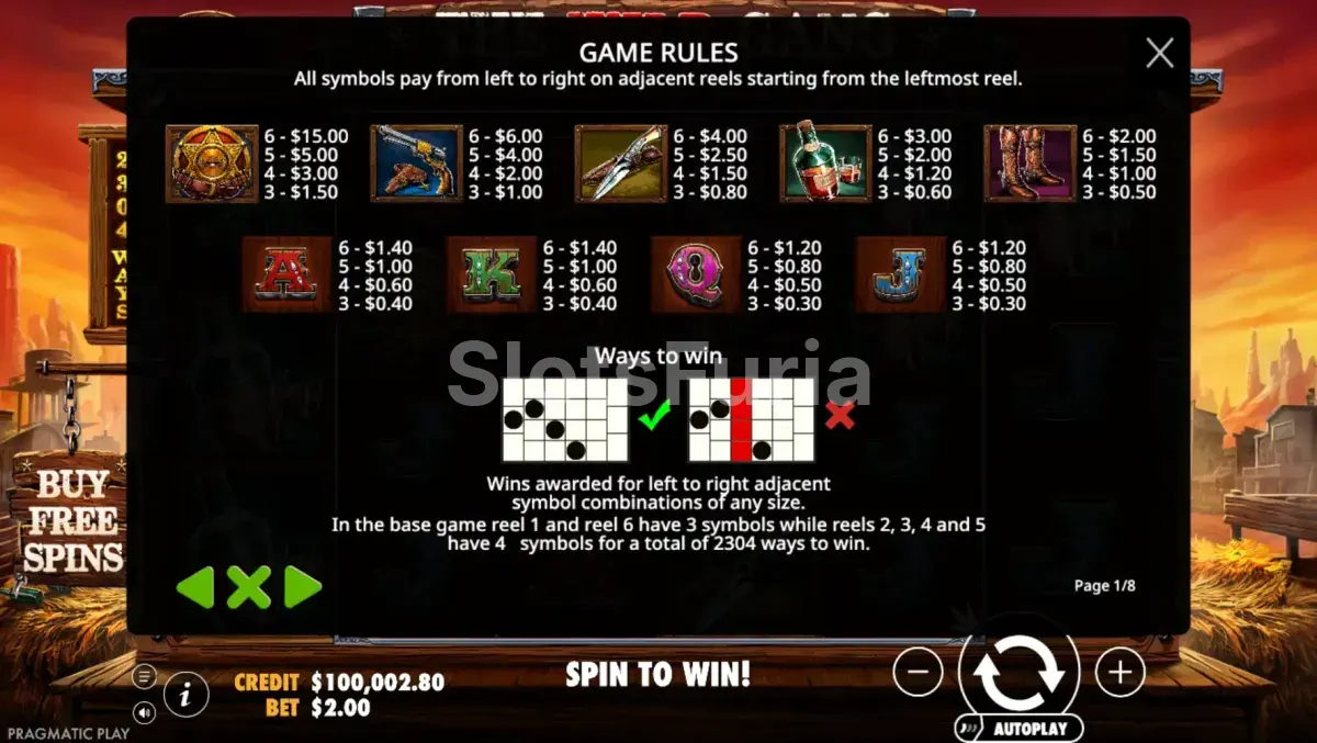 Tabla de pagos con símbolos y valores de The Wild Gang