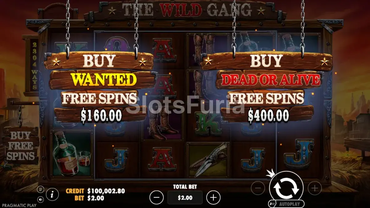 Pantalla de compra de bonus disponible en The Wild Gang