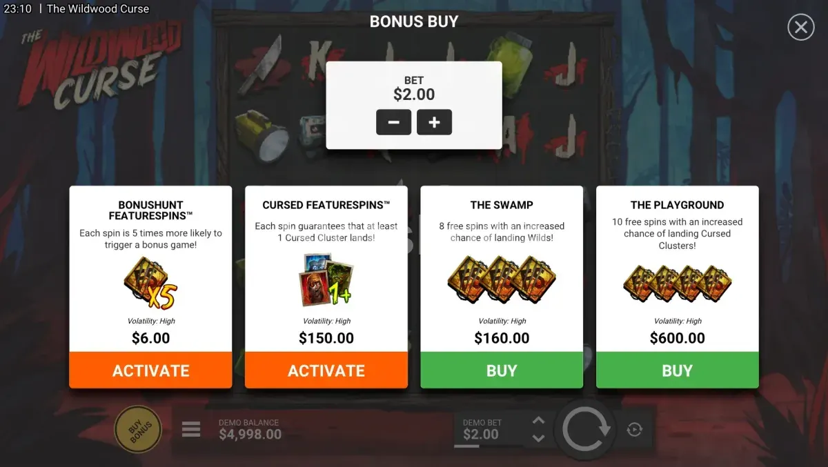 Menú de compra de bonus en The Wildwood Curse con precios y opciones