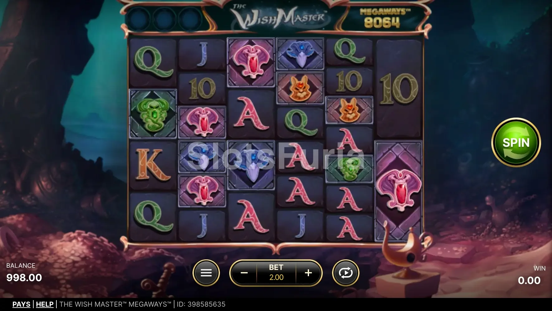 Pantalla principal de The Wish Master Megaways con los rodillos en acción
