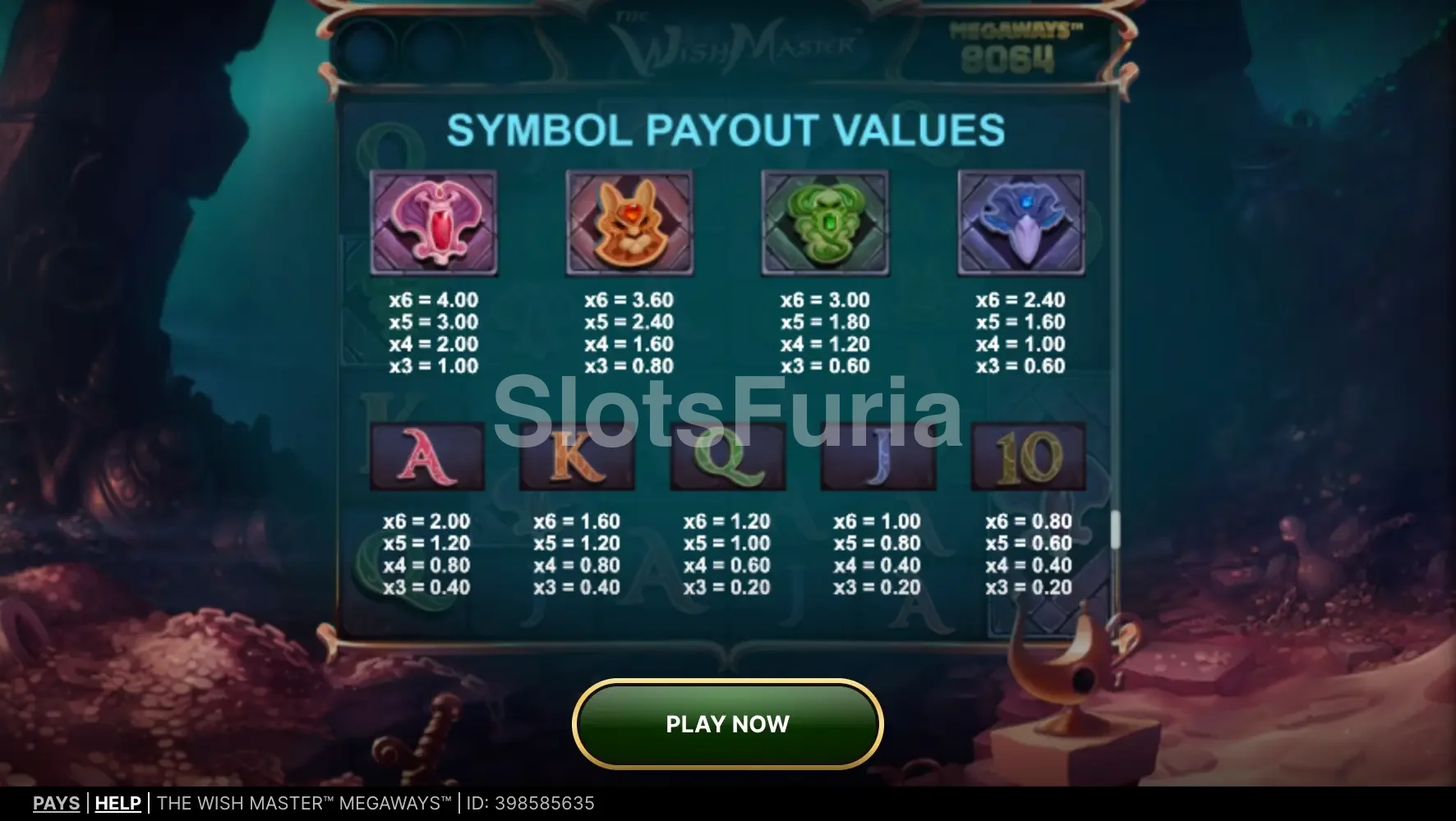 Tabla de pagos de The Wish Master Megaways con los símbolos y premios