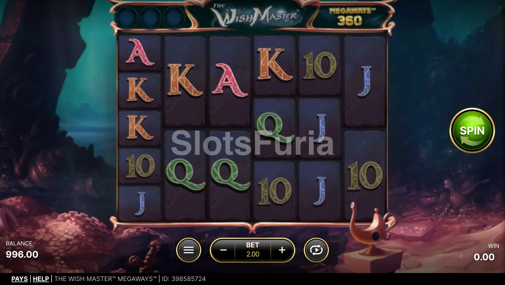 Segunda pantalla de juego de The Wish Master Megaways mostrando características especiales