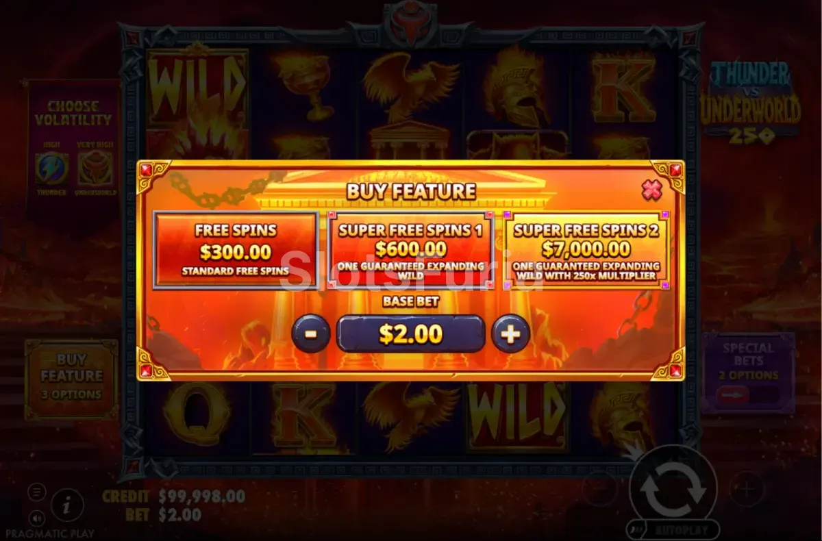 Menú de compra de bono de Thunder vs Underworld 250