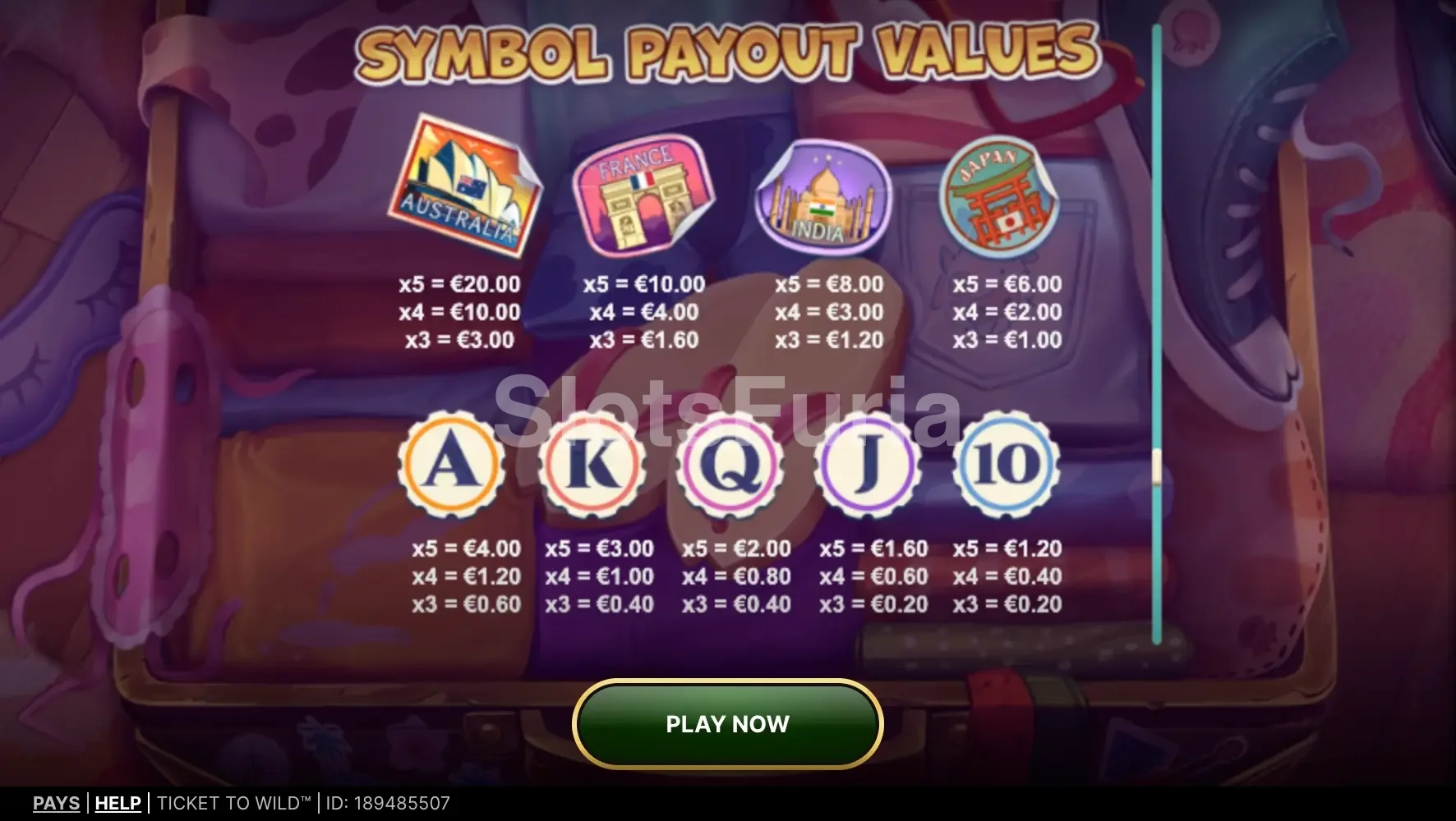 Tabla de pagos de Ticket To Wild mostrando todos los símbolos y multiplicadores