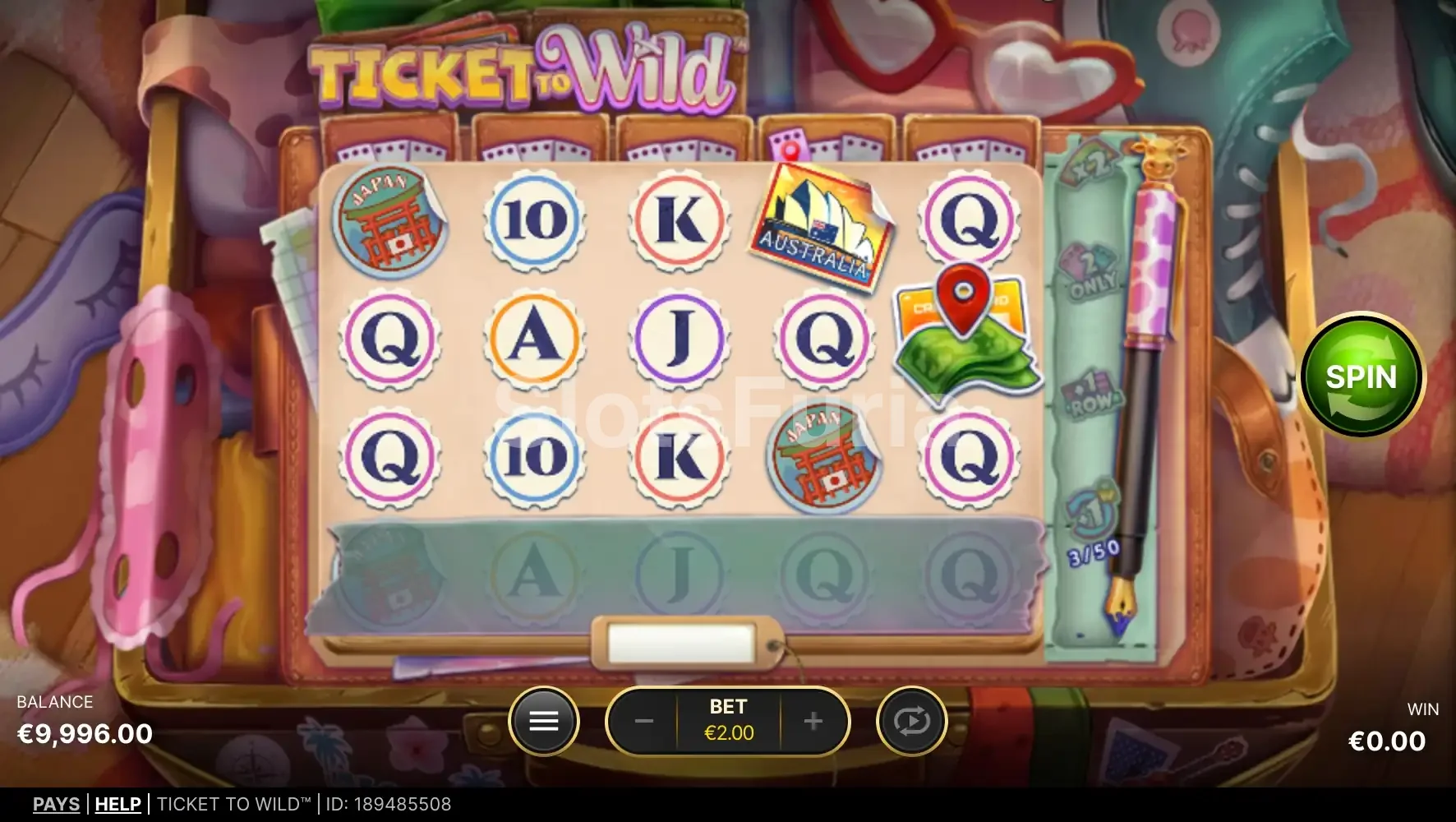 Segunda vista del juego base de Ticket To Wild con los contadores de carrete activos