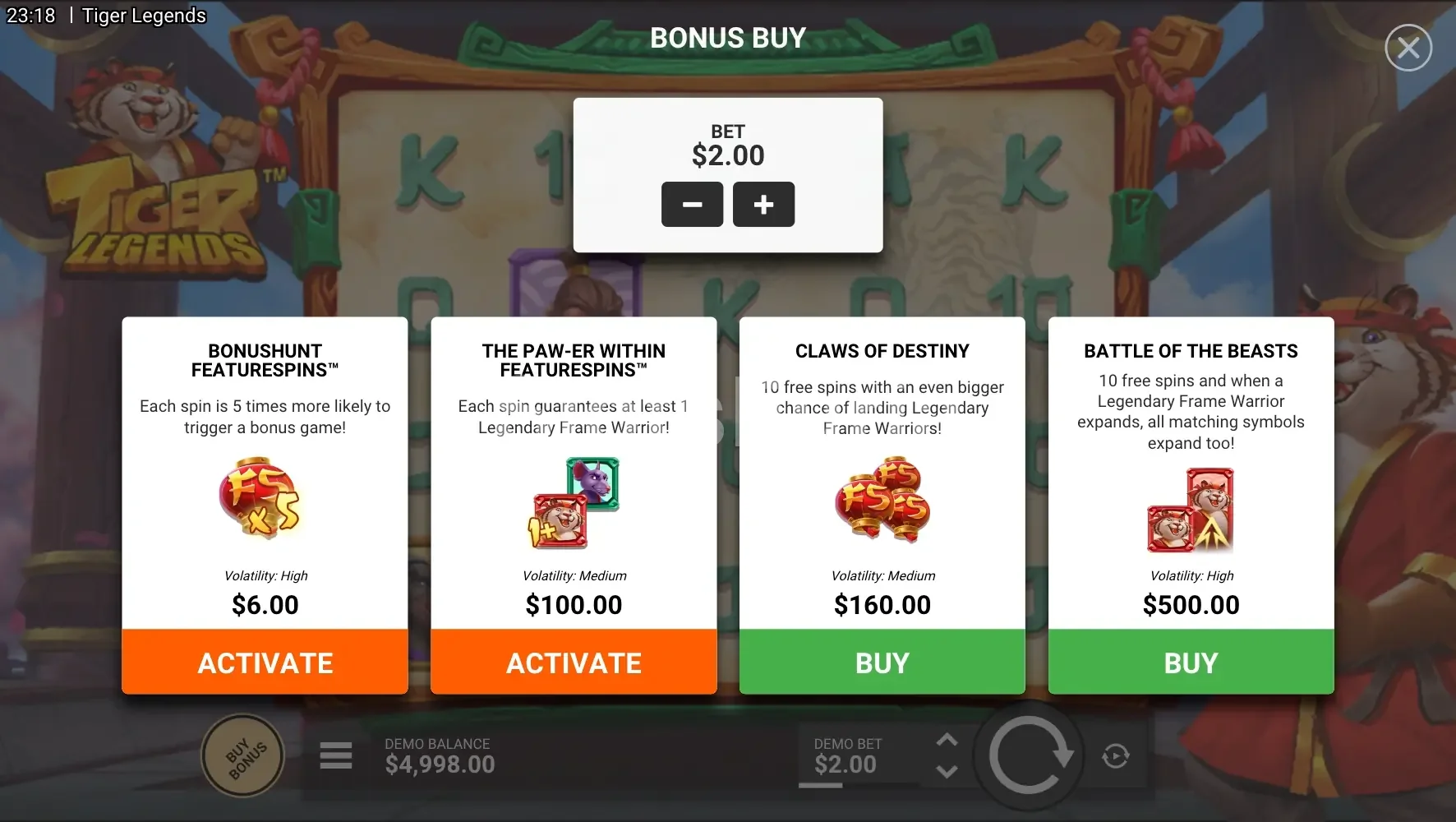 Menú de compra de bonos disponibles en Tiger Legends de Hacksaw Gaming