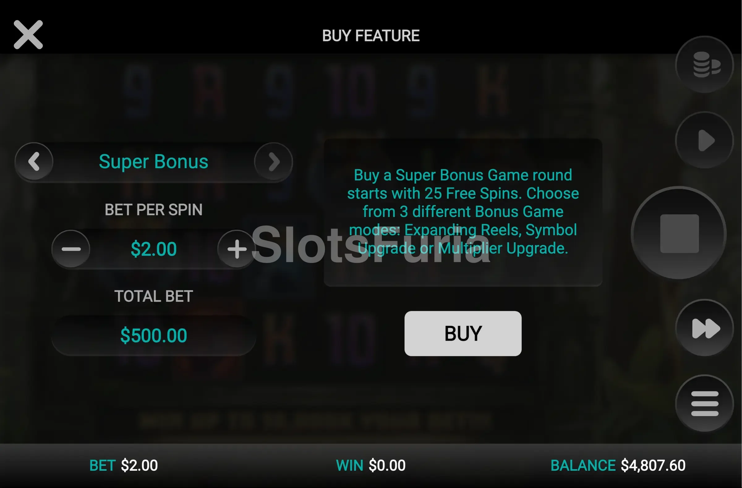 Pantalla de compra de bonus de Tiger Shrine con las opciones disponibles