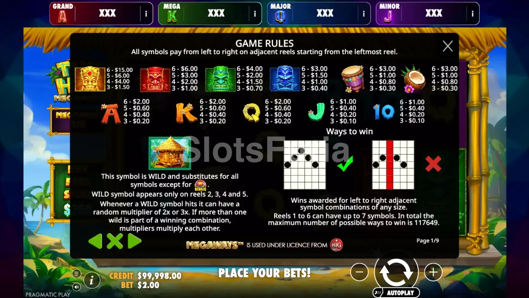 Tabla de pagos de Tiki Hut Megaways con símbolos y multiplicadores