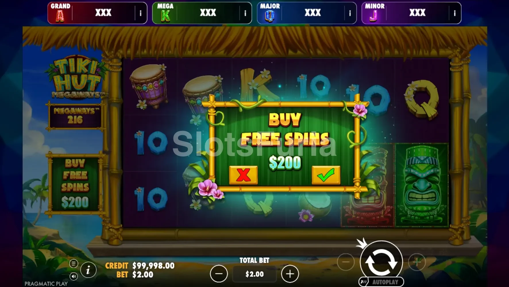 Pantalla de compra de bono en Tiki Hut Megaways con opciones disponibles