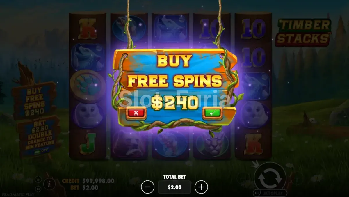 Pantalla de compra de bonus en Timber Stacks de Pragmatic Play