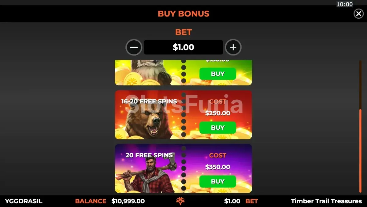 Pantalla de compra de bonus en Timber Trail Treasures de Yggdrasil