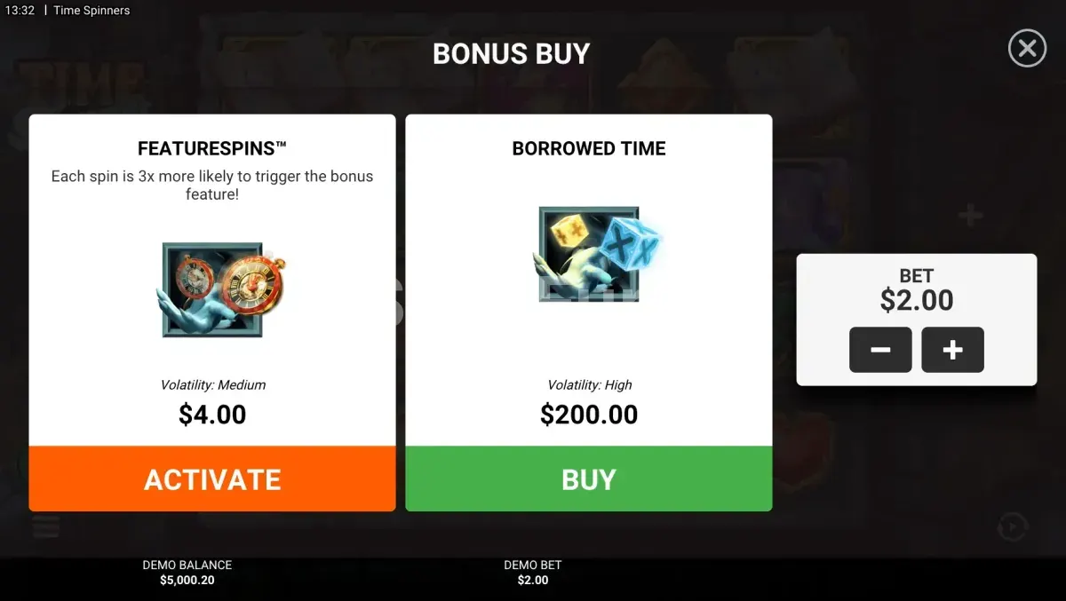 Opciones de compra de bonus en Time Spinners