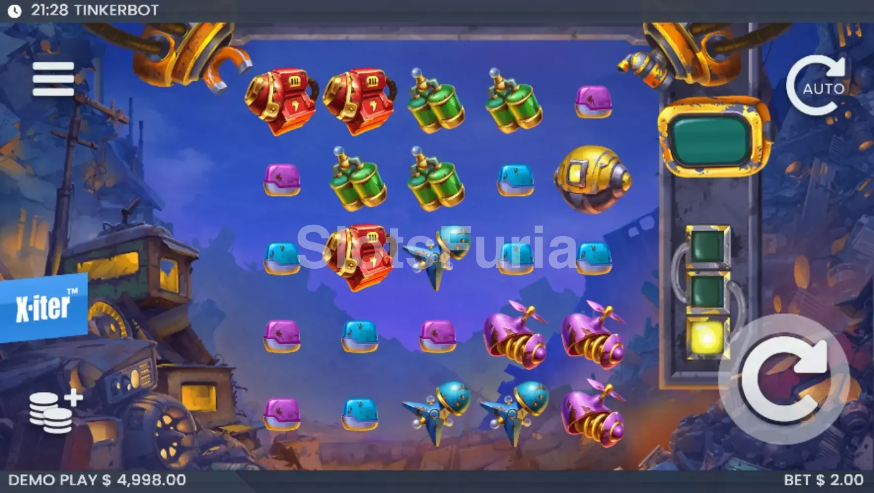 Pantalla principal del juego Tinkerbot con cuadrícula 5x5