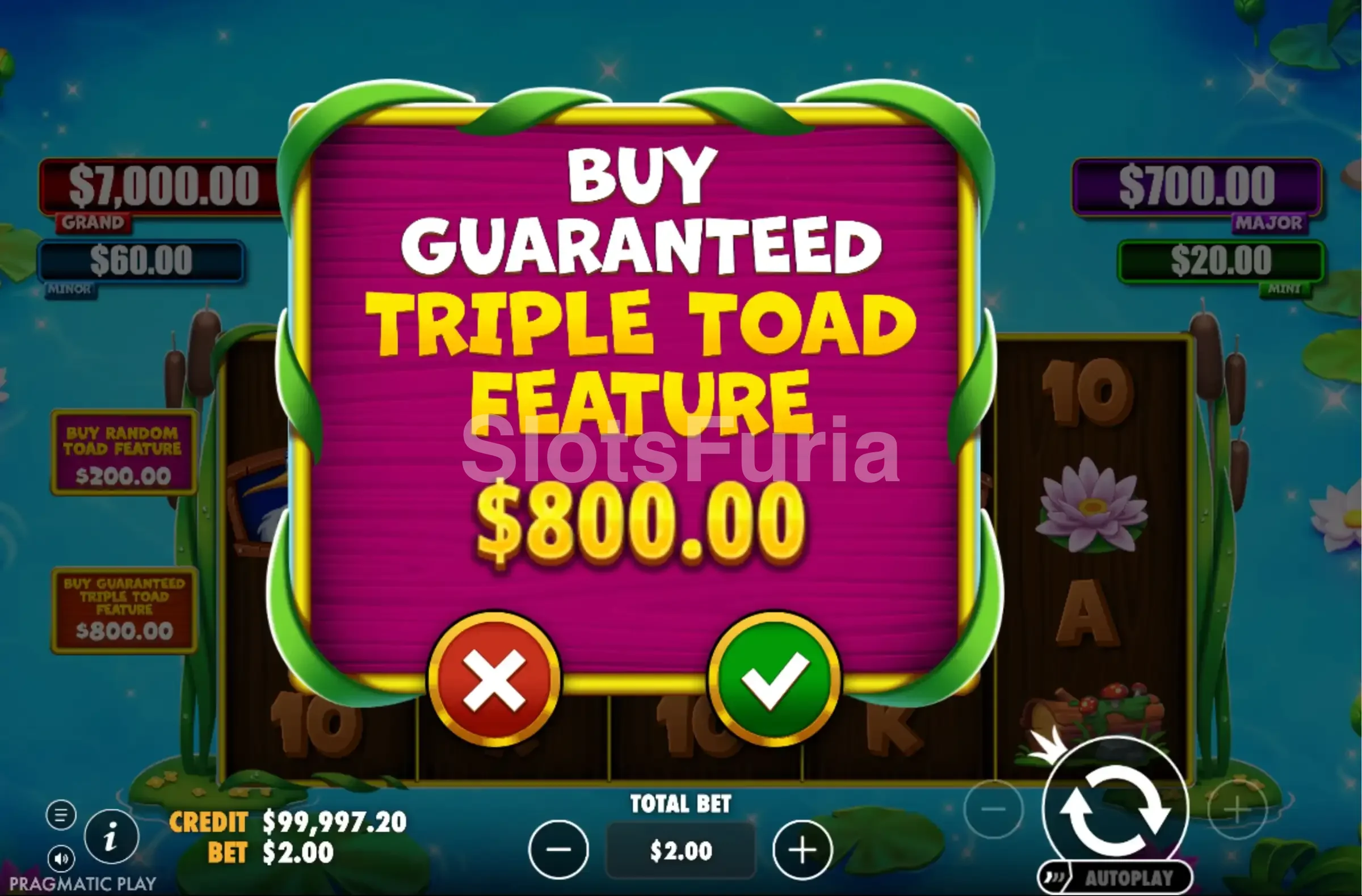 Menú de compra de bono de Tiny Toads con las opciones de 100x y 400x