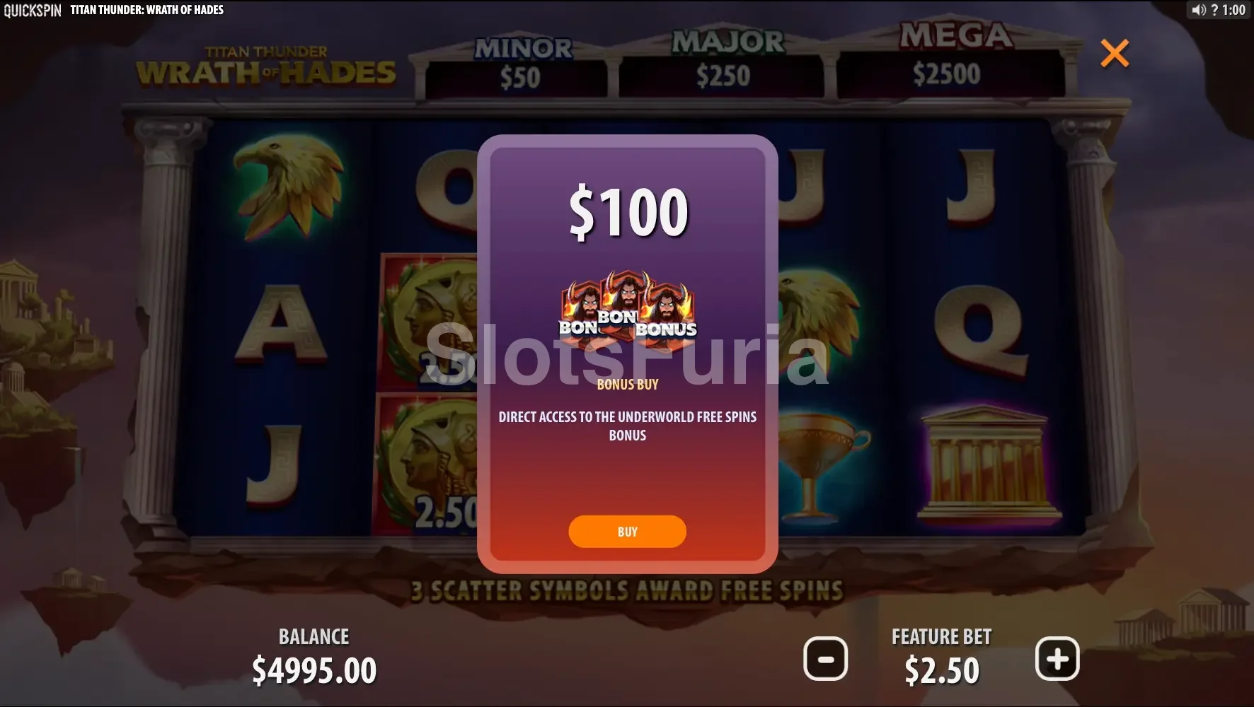 Opción de compra de bono en Titan Thunder Wrath of Hades de Quickspin