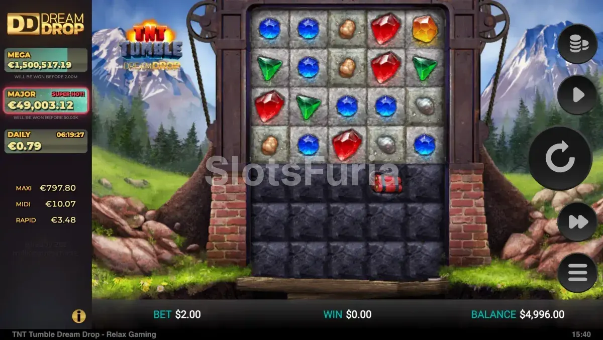 Segunda vista del juego base de TNT Tumble Dream Drop mostrando la mecánica de cascada