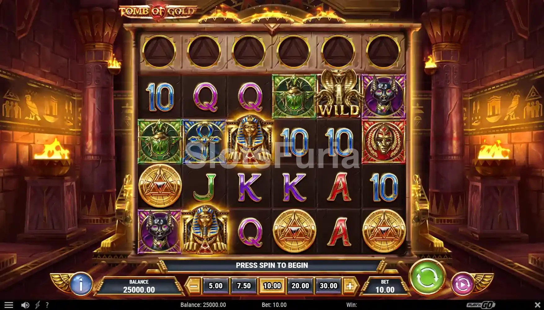 Pantalla principal de Tomb of Gold con el tablero de juego completo