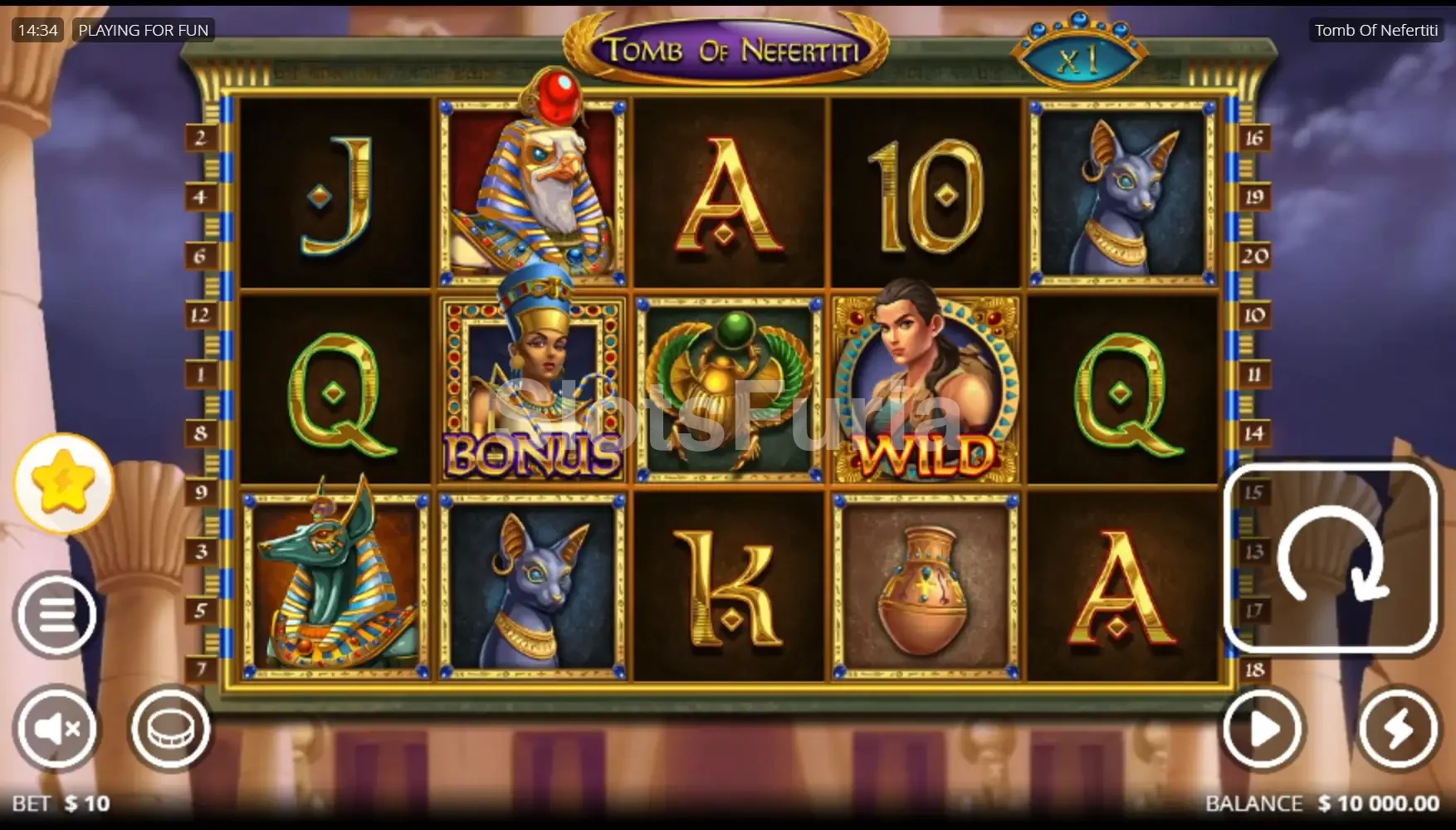 Pantalla principal del juego base de Tomb of Nefertiti con sus cinco rodillos