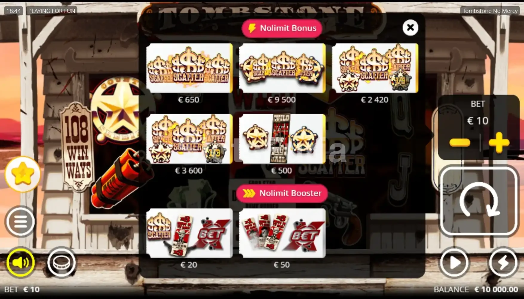 Menú de compra de bonus en Tombstone No Mercy de Nolimit City