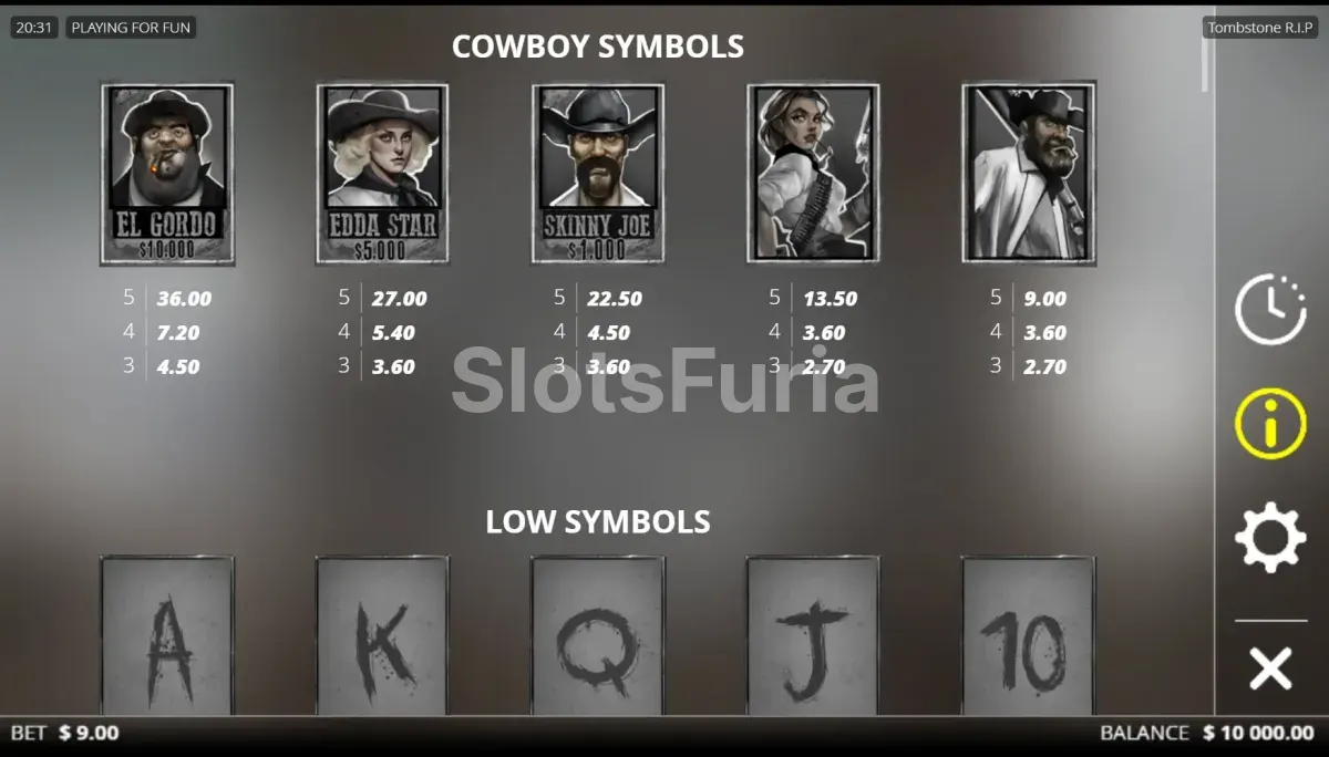 Tabla de pagos y símbolos de Tombstone RIP