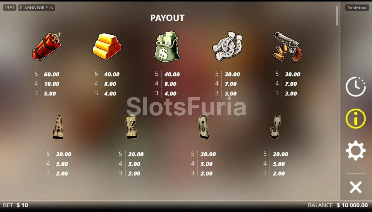 Tabla de pagos con todos los símbolos y valores de Tombstone