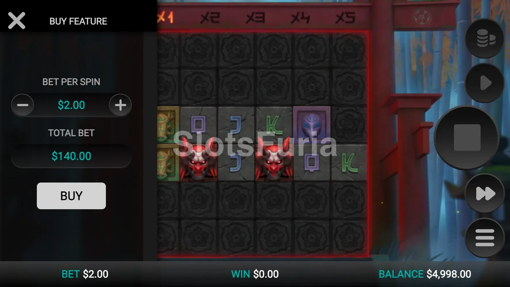 Pantalla de compra de bonus en Torii Tumble con las opciones disponibles