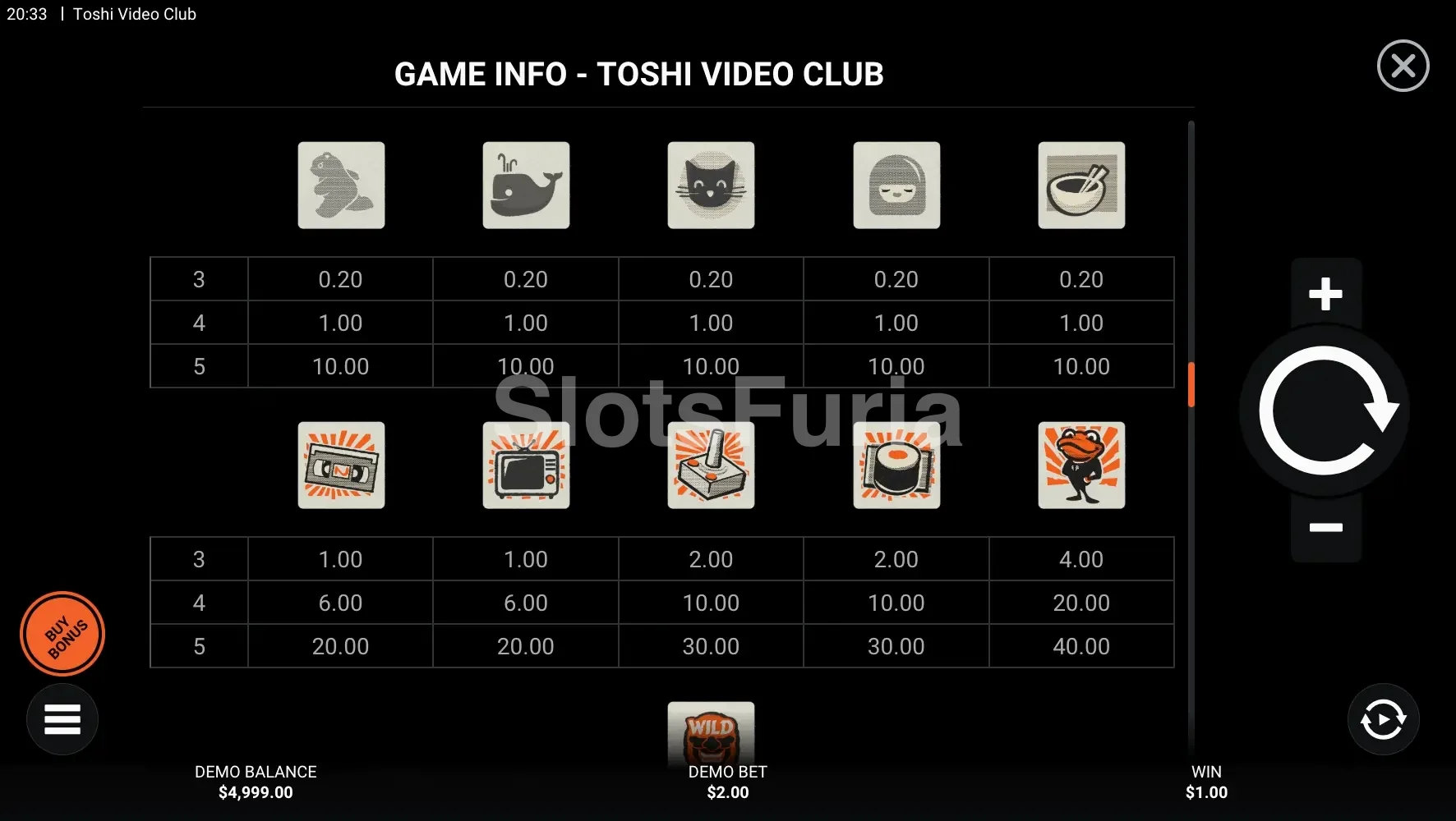 Tabla de pagos de Toshi Video Club con todos los símbolos y sus valores