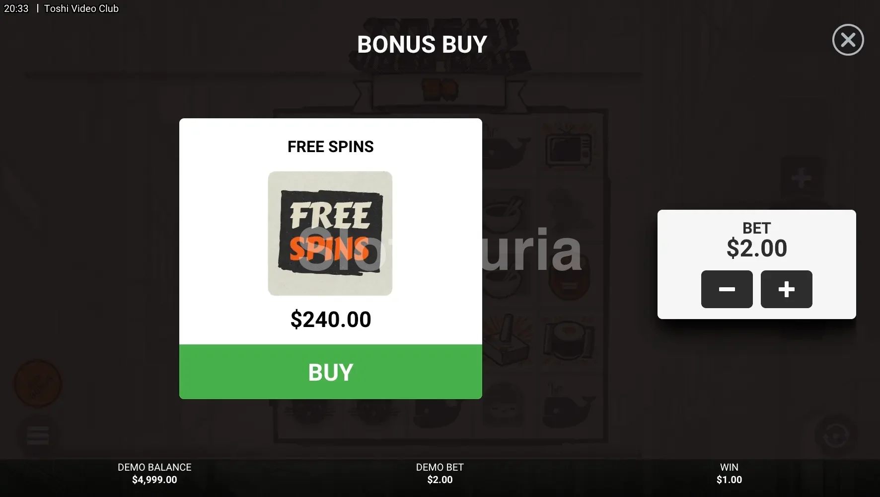 Pantalla de compra de bonus en Toshi Video Club de Hacksaw Gaming