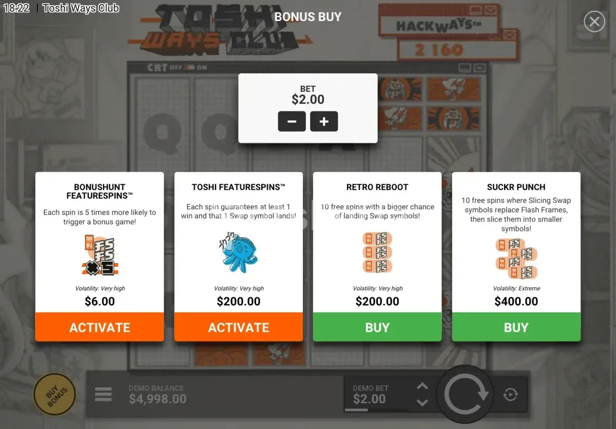 Pantalla de compra de bonus en Toshi Ways Club con las opciones disponibles