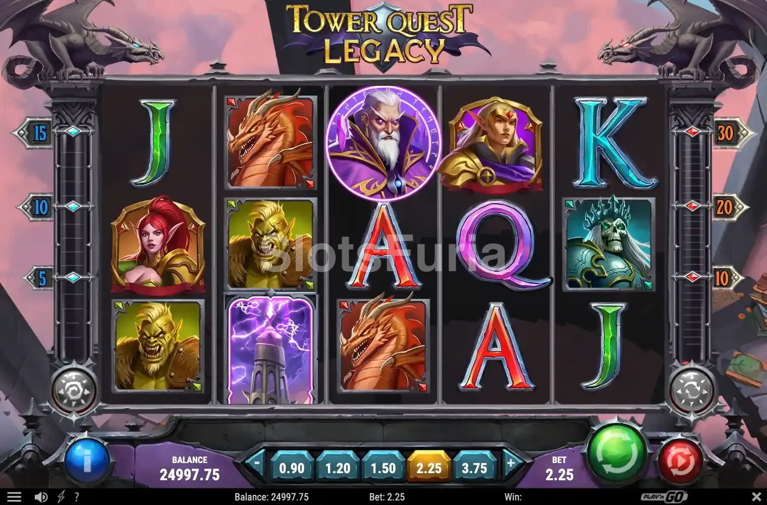 Pantalla principal de Tower Quest Legacy con los cinco rodillos activos