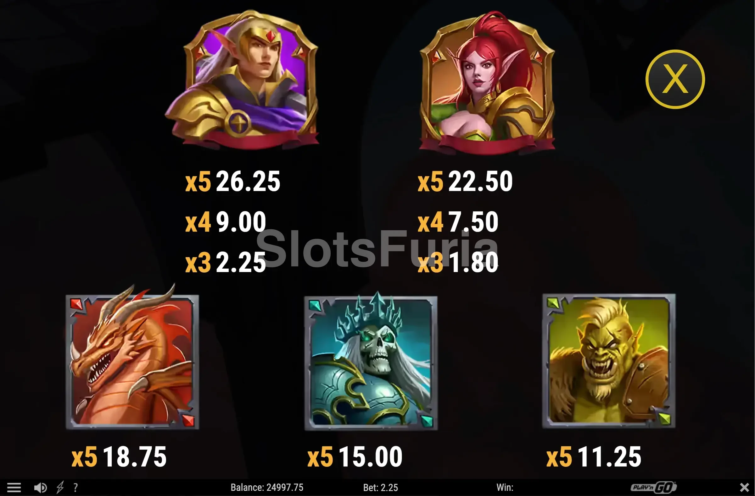 Tabla de pagos de Tower Quest Legacy con todos los símbolos y multiplicadores