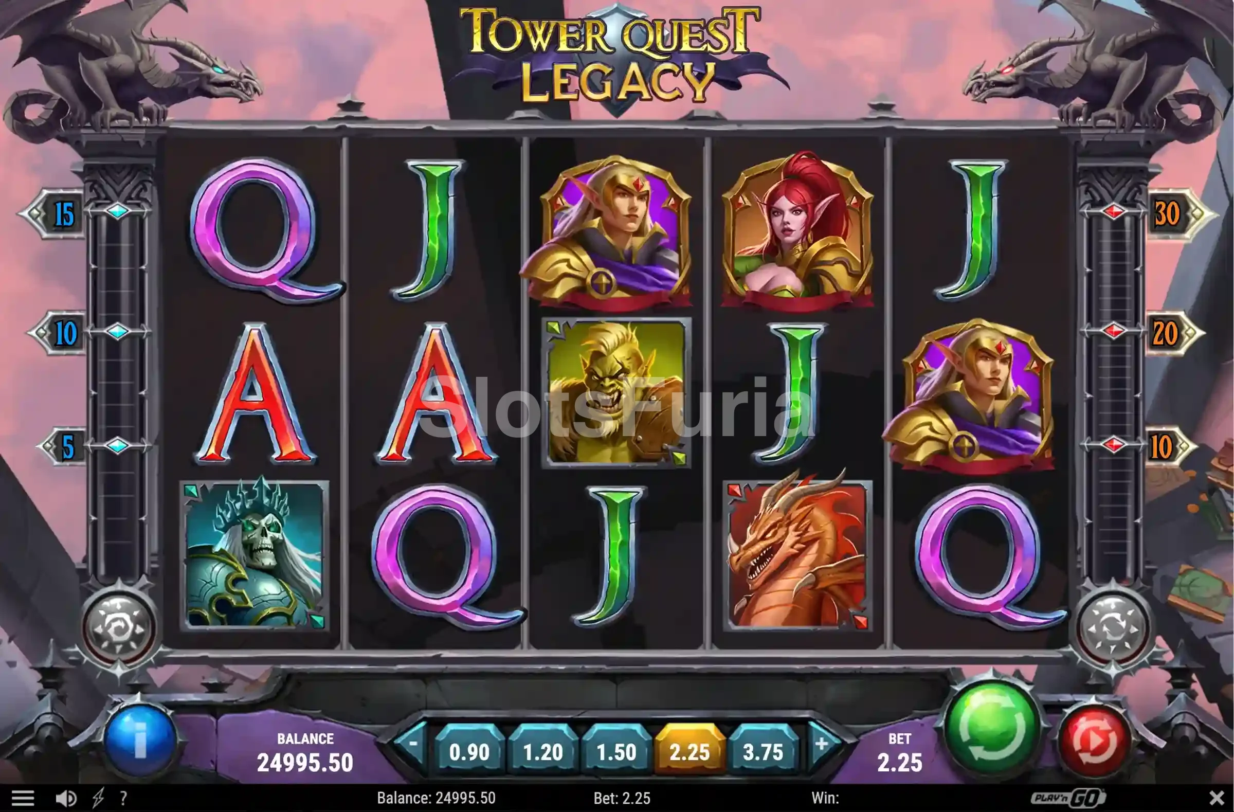 Segunda vista del juego base de Tower Quest Legacy mostrando una combinación ganadora