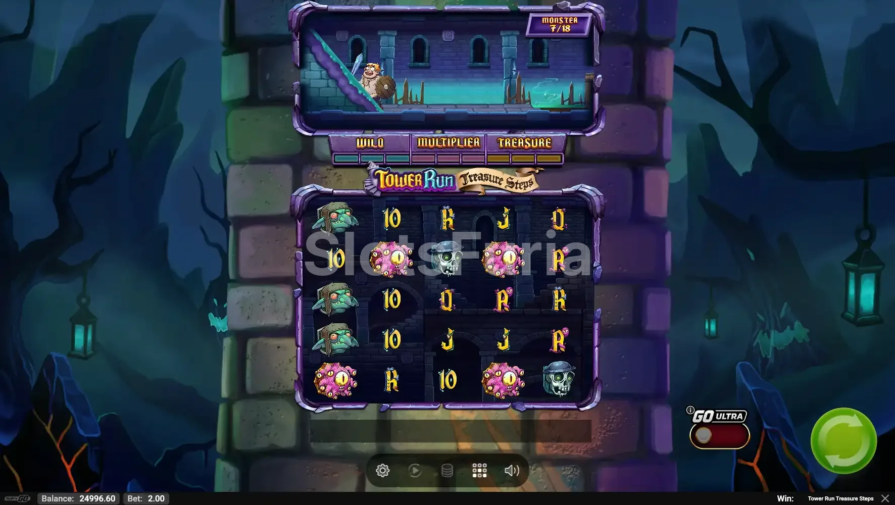 Segunda vista del juego base de Tower Run Treasure Steps con cascadas activas