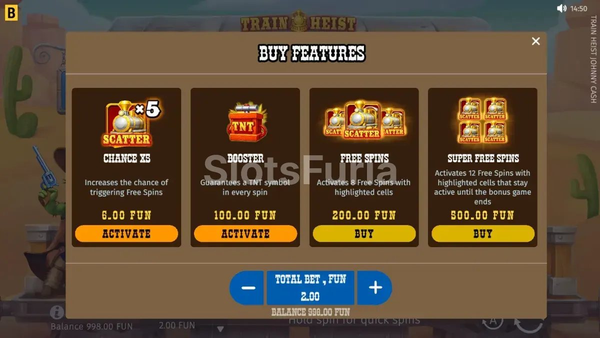 Pantalla de compra de bonus en Train Heist Johnny Cash
